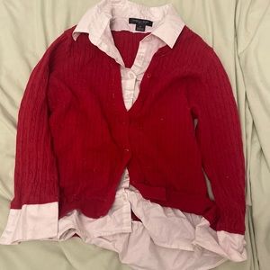 red knitted button up school girl sweater with built in white button up